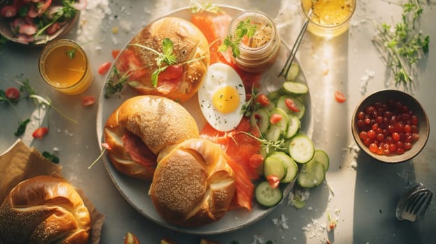 Breakfast topview. Freshly baked buns, mayo sauce, vegetables.