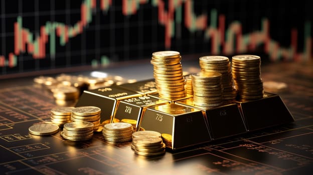 Stack of gold with trading graph, financial investment concept can be use as background