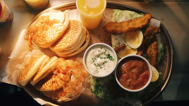 Breakfast topview. Freshly baked buns, mayo sauce, vegetables.