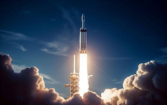 New Ship flies to another planet. Spaceship takes off into the starry sky. Rocket starts into space. Concept