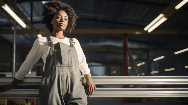 Female industrial worker. A young woman wearing workers outfit standing in front of the the warehouse, hangar, door.
