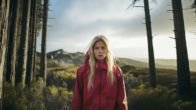 Cool cheerful girl modern knitted sport trekking jacket. Hipster style. Youth fashion.