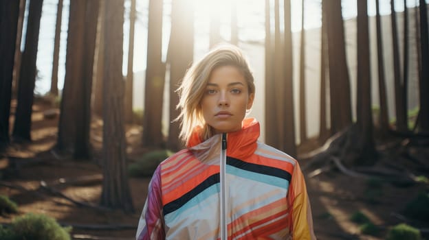 Cool cheerful girl modern knitted sport trekking jacket. Hipster style. Youth fashion.