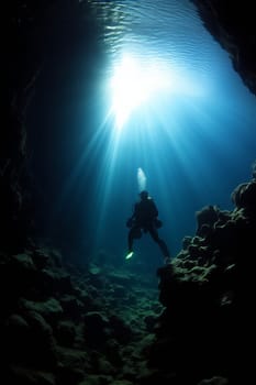 Scuba diving in undersea. Underwater cave diving.