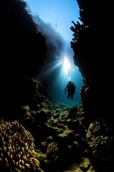 Scuba diving in undersea. Underwater cave diving.