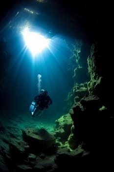 Scuba diving in undersea. Underwater cave diving.