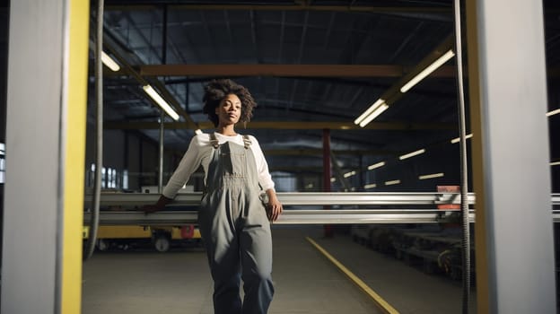 Female industrial worker. A young woman wearing workers outfit standing in front of the the warehouse, hangar, door.