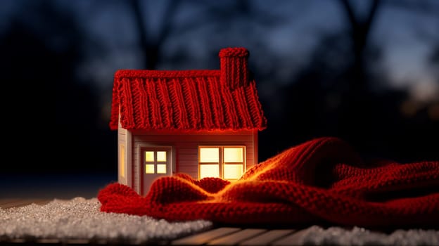 house in winter - heating system concept and cold snowy weather with model of a house wearing a knitted cap