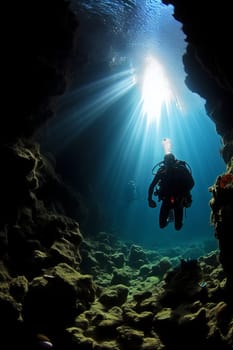 Scuba diving in undersea. Underwater cave diving.