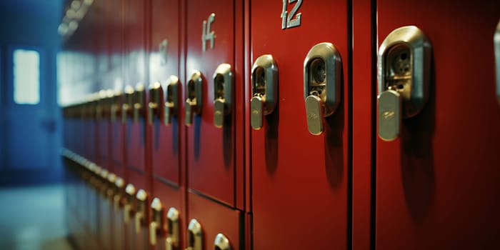 close up on red lockers in gym