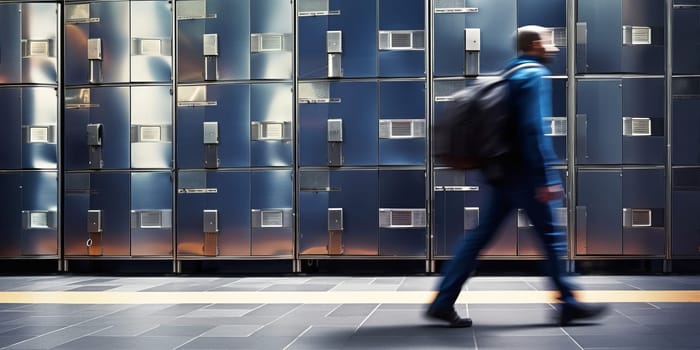 A person walks on airport, train station, gym, office lockers.
