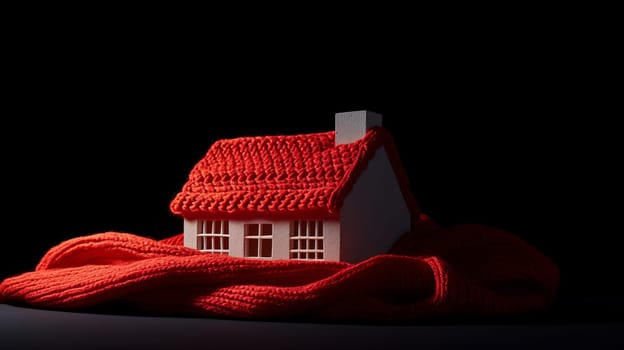 house in winter - heating system concept and cold snowy weather with model of a house wearing a knitted cap