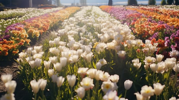 Amazing nature of white tulips under sunlight. View of flower blooming in the field.