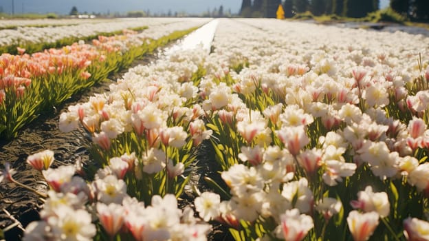 Amazing nature of white tulips under sunlight. View of flower blooming in the field.