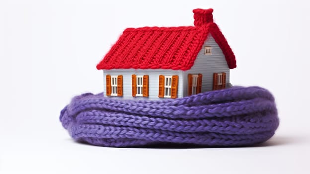 house in winter - heating system concept and cold snowy weather with model of a house wearing a knitted cap