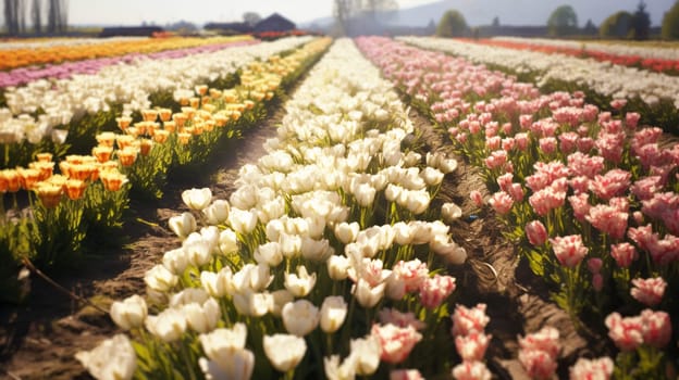 Amazing nature of white tulips under sunlight. View of flower blooming in the field.