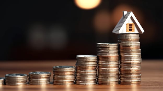 Miniature white house on stack coins using as property and financial concept. Ideal for mortgage property ladders and real estate investments, putting a house on top of a stack of coins.