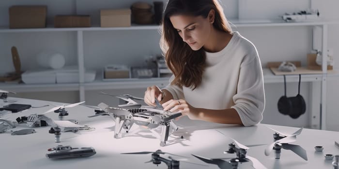 Drone assembly workshop. Repairing quad drones.