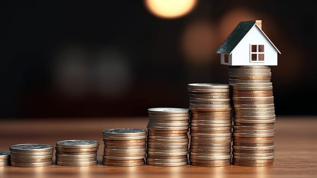 Miniature white house on stack coins using as property and financial concept. Ideal for mortgage property ladders and real estate investments, putting a house on top of a stack of coins.