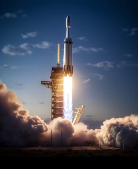 New Ship flies to another planet. Spaceship takes off into the starry sky. Rocket starts into space. Concept