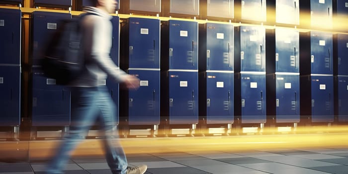 A person walks on airport, train station, gym, office lockers.