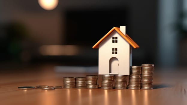 Miniature white house on stack coins using as property and financial concept. Ideal for mortgage property ladders and real estate investments, putting a house on top of a stack of coins.