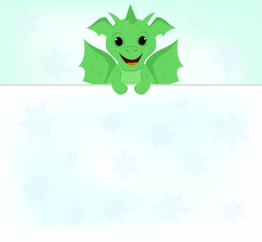 Cartoon light green dragon on a light background with snowflakes with copy space. Symbol of 2024. Vector image.