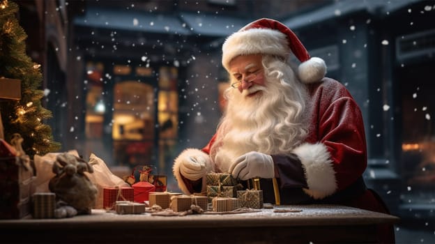 Santa lays out gift boxes on the table.final preparations on Christmas Eve.