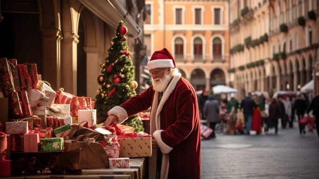 A salesman dressed as Santa lays out gift boxes on a counter at a Christmas market. Christmas and New Year holiday concept.