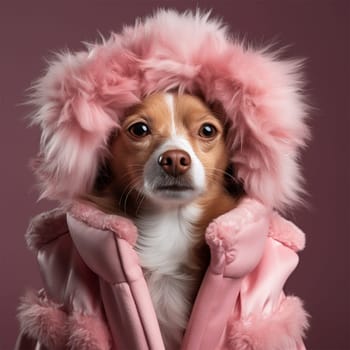 cute funny dog in a pink hat and jacket on a colored background. Favorite pets. Advertising poster for a store. Concept of food and clothing for pets.