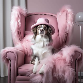 cute funny dog in a pink hat and furs resting on a pink chair. Favorite pets.Advertising poster for a store. Concept of food and clothing for pets.
