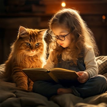 Little girl watching a book with her cat sitting on the bed.friends and family