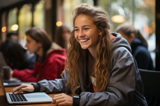 Beautiful cheerful attractive girl working in a cafe with a laptop in a cozy cafe - the concept of productivity and relaxation.