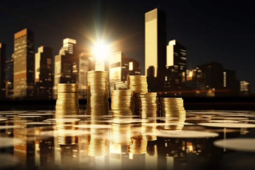abstract business background with coins on the background of buildings. business and finance. success and profit