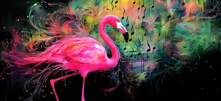 Tropical flowers, plants, music and flamingos. illustration of exotic pattern, flowers for background, wallpaper or poster.
