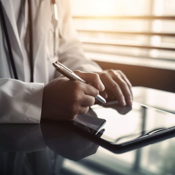 Doctor using a digital tablet on a light background, concept of digitalization in medicine
