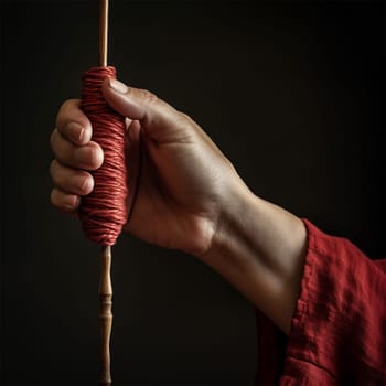 Woman's hand with spindle and yarn. ancient crafts