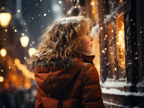 A joyful girl examines with interest a shop window decorated with illumination on Christmas Eve.