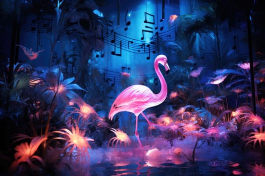 Tropical flowers, plants, music and flamingos. illustration of exotic pattern, flowers for background, wallpaper or poster.
