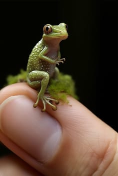 little green frog sitting on your finger.Generative AI