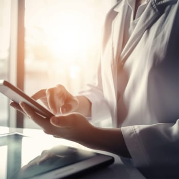 Doctor using a digital tablet on a light background, concept of digitalization in medicine