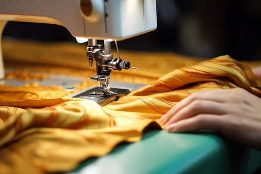 seamstress hands with fabric on a sewing machine, vintage craft. a sewing machine sews fabric. sewing in a workshop or factory