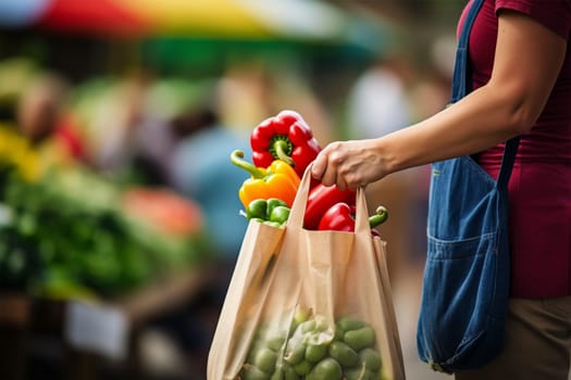 hands of a seller in an apron with a grocery bag on the background of a farmers market