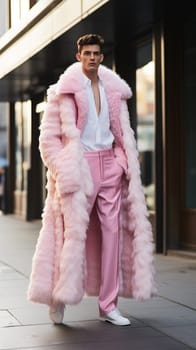 Street style clothing - fashionable man in a white elegant fur coat fashion on the street. for Fashion Concept, Animal Welfare and Faux Fur, Content Blogger