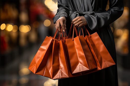 female shopper with shopping bags on the background of a shopping center. shopping and holidays concept.