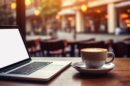Laptop and cup of coffee on table in cafe, screen mockup