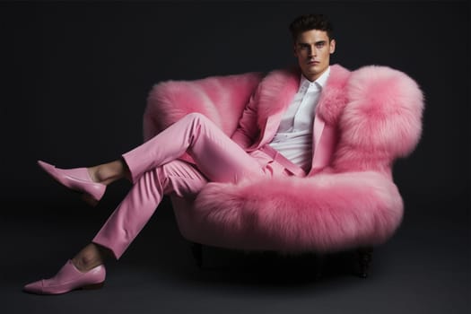 fashionable stylish man in a pink elegant suit on a pink fur chair. fashion concept, blogger content.