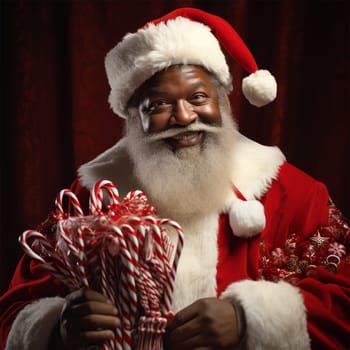 black african american male in a Santa Claus costume sits on a chair with Christmas candy in his hands. Christmas and new year concept