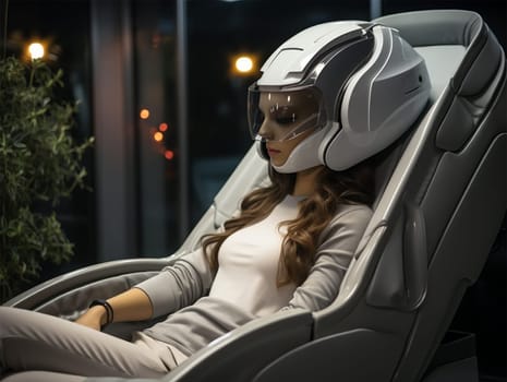 young woman relaxed in a chair during a health check using a helmet. futuristic helmet for medical research.