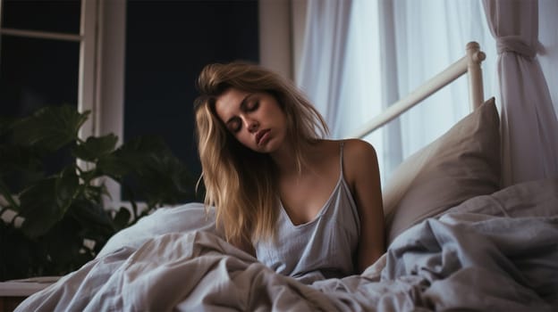 A sleepy young woman sits in bed and cannot wake up. chronic fatigue syndrome and overwork.